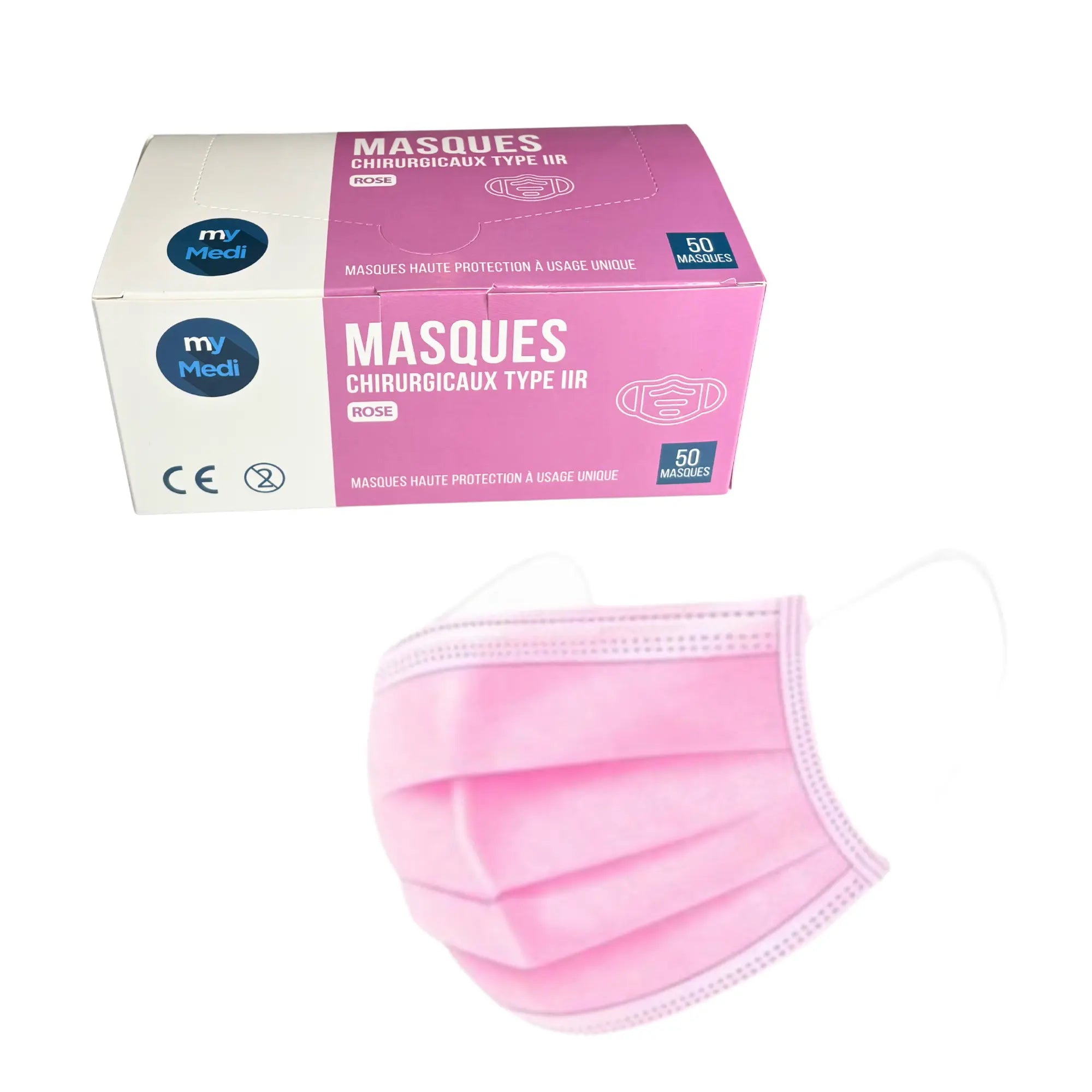 Masque chirurgical - 3 plis de type IIR - Norme EN14683 - Certification CE - Boîte de 50 masques - 3 coloris - My Médical My Medical  Rose